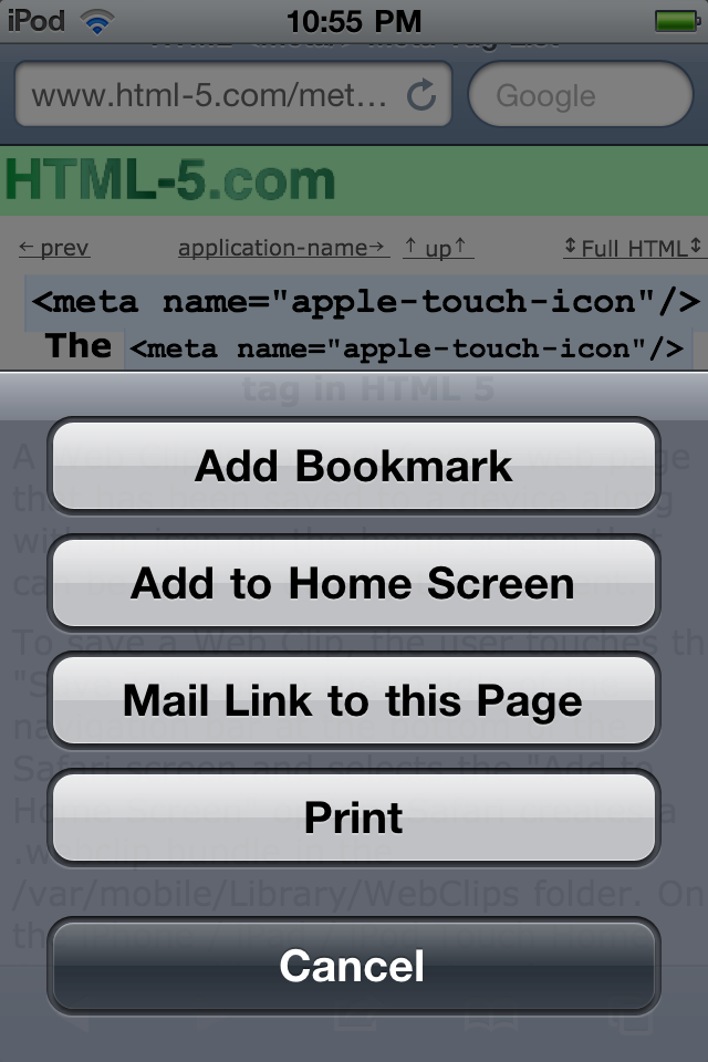 iPhone Web Clip Save To menu